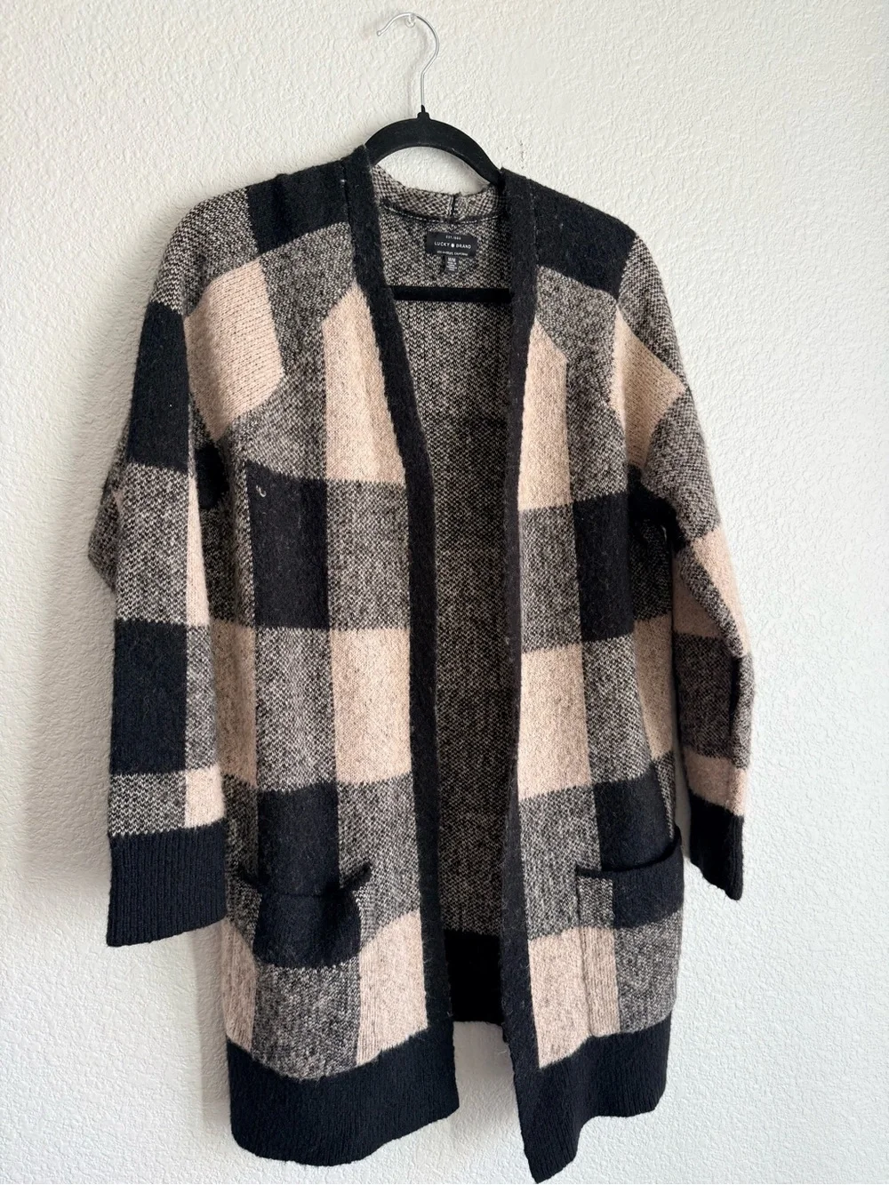 Lucky brand size medium  Open Front Plaid Cardigan Sweater - Black & Beige wool - Picture 2 of 5